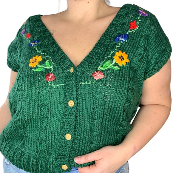 Handmade Sweaters - Green Floral Cable Knit Sweater Vest Cardigan Jumper Cottage Garden